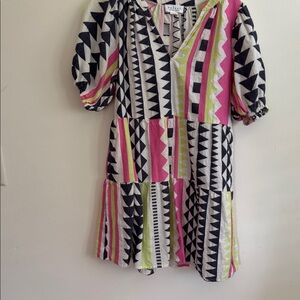 Velvet Brand Geometric Patterned Dress with Pink and Green Accents